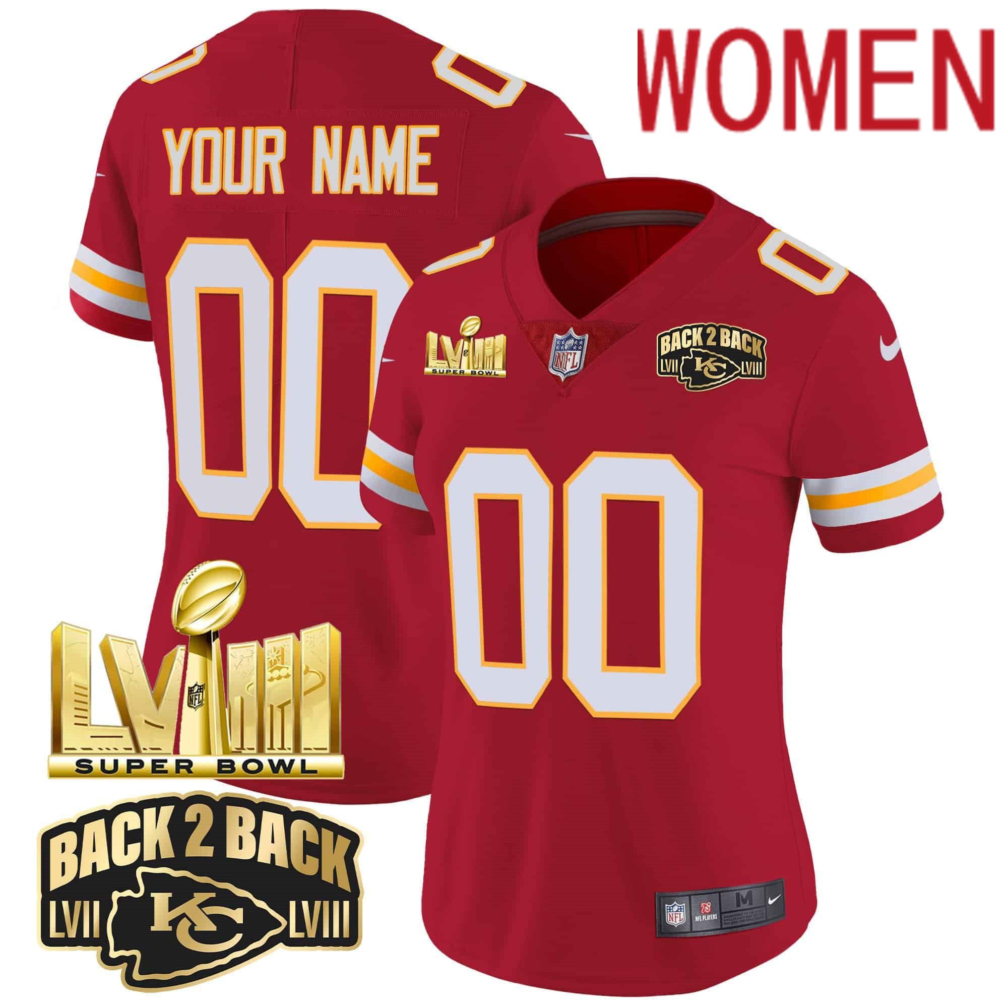 Women Kansas City Chiefs Red 2024 Nike Super Bowl LVIII & Back-2-Back Gold Patch Vapor Custom NFL Jersey style 3